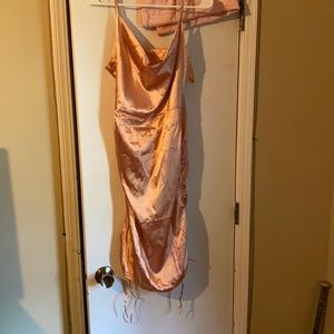 Ruched drawstring knot satin dress